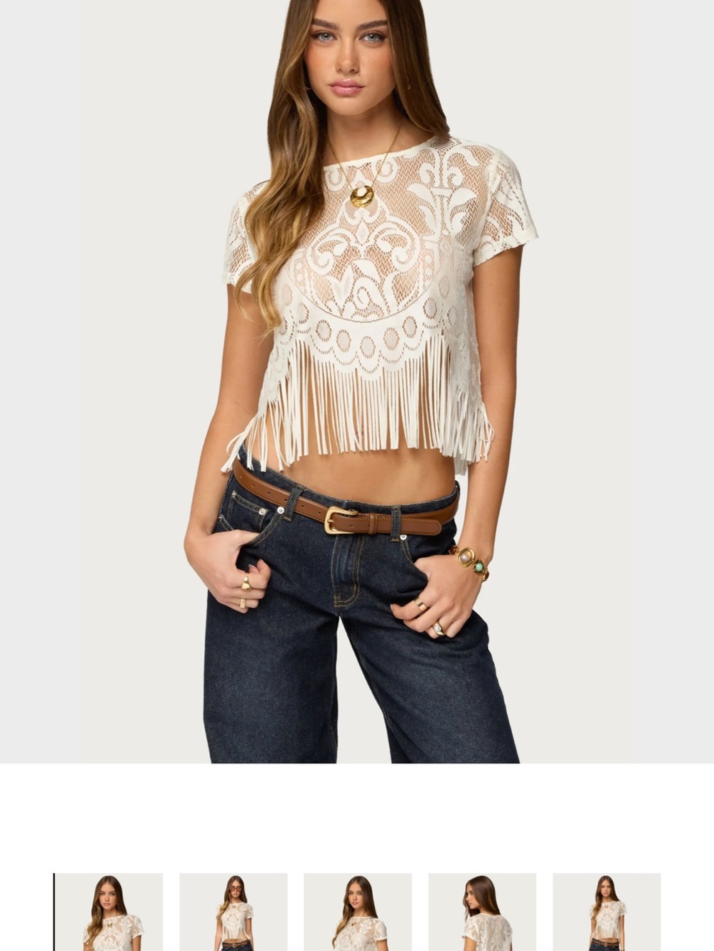 Edikted Cream Crochet Fringe Crop Top
